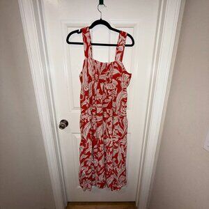 Who What Wear Small Linen Blend Sundress Red White Floral Lace Up Front Midi